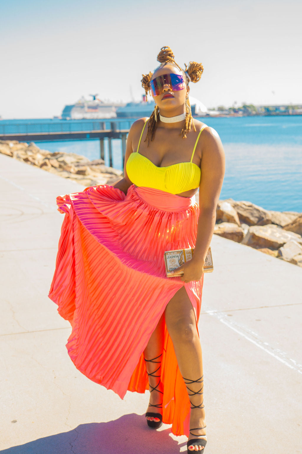 Satin Pleated Lime & Pink Maxi Dress