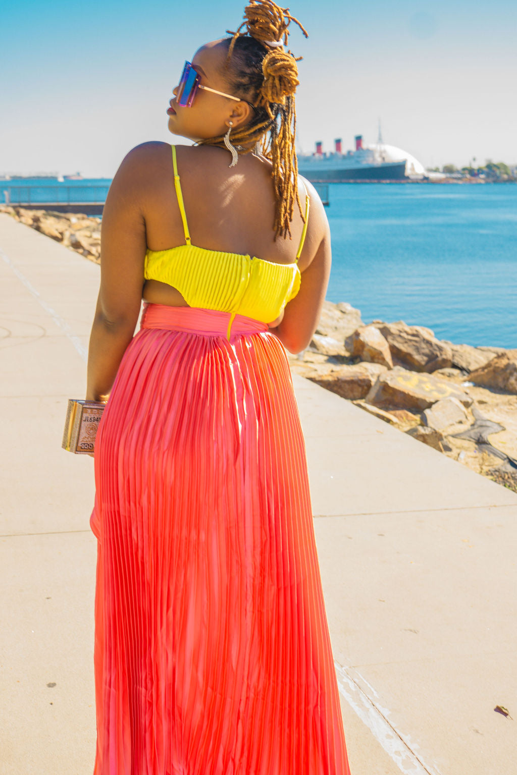 Satin Pleated Lime & Pink Maxi Dress